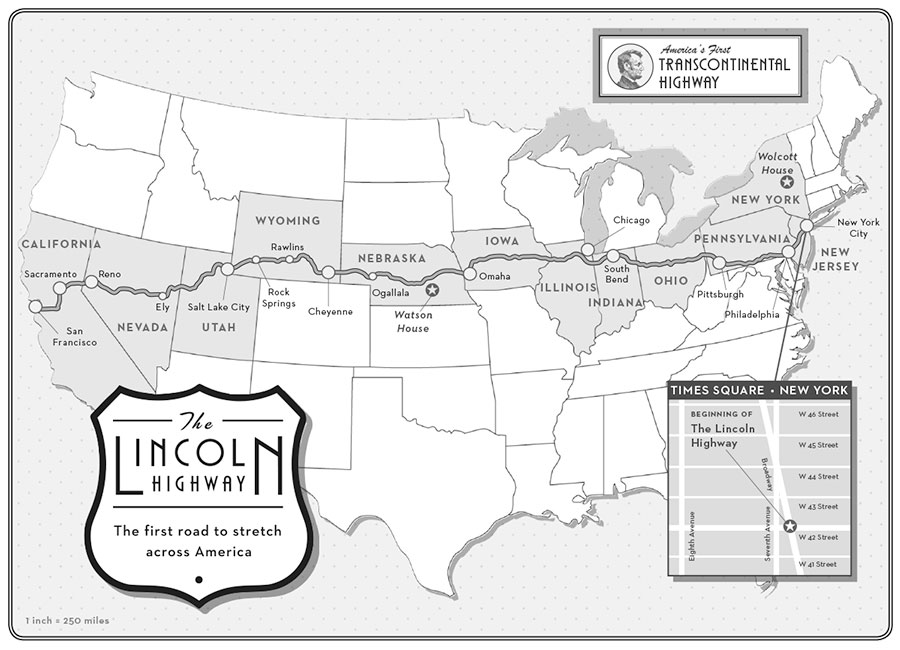 Mappa della Lincoln Highway all'interno del libro di Amor Towles